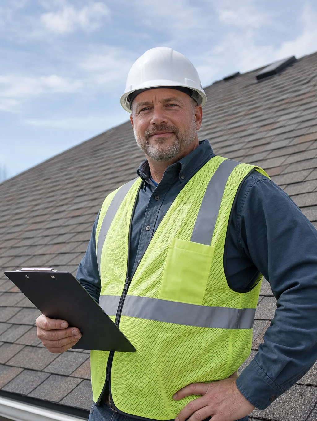 Property manager inspecting professional roof cleaning