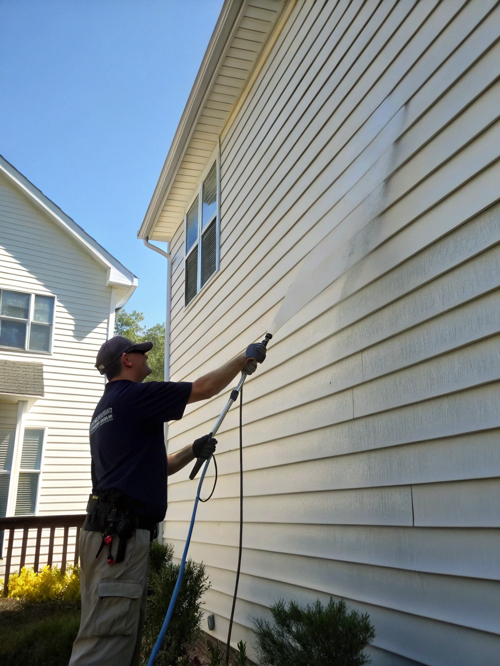 Softwashing process on a residential render wall